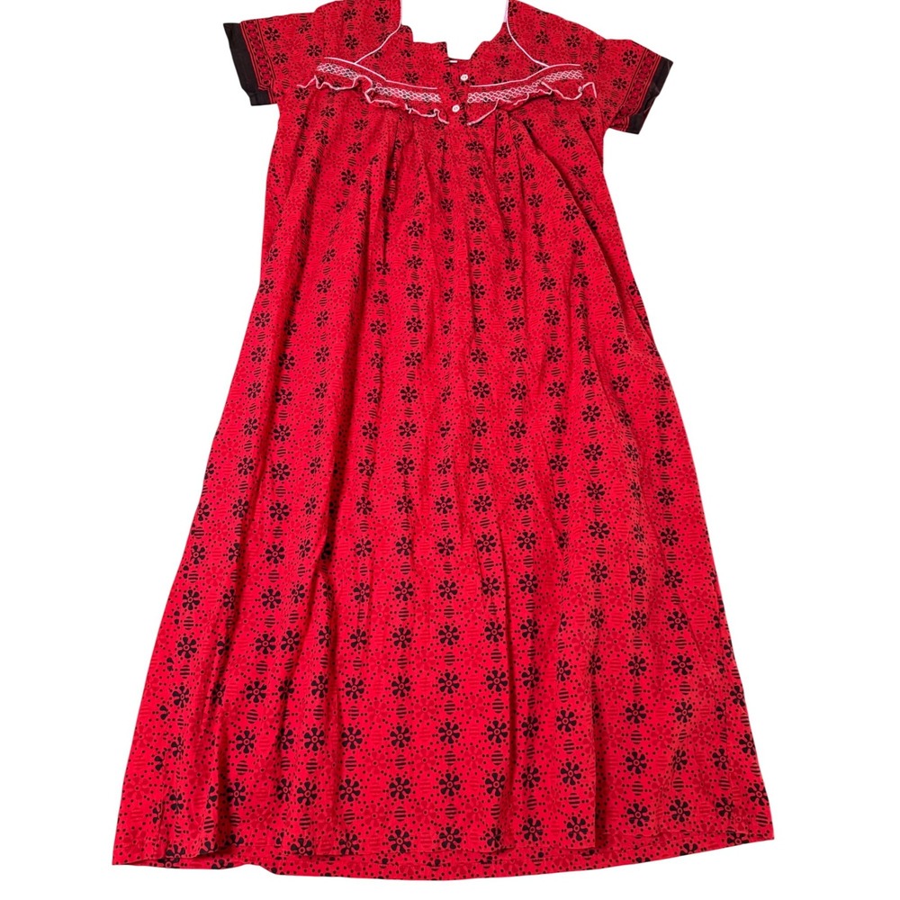Charak Red Cotton Floral Block Print Nightgown Smocked Ruffle House Dress L